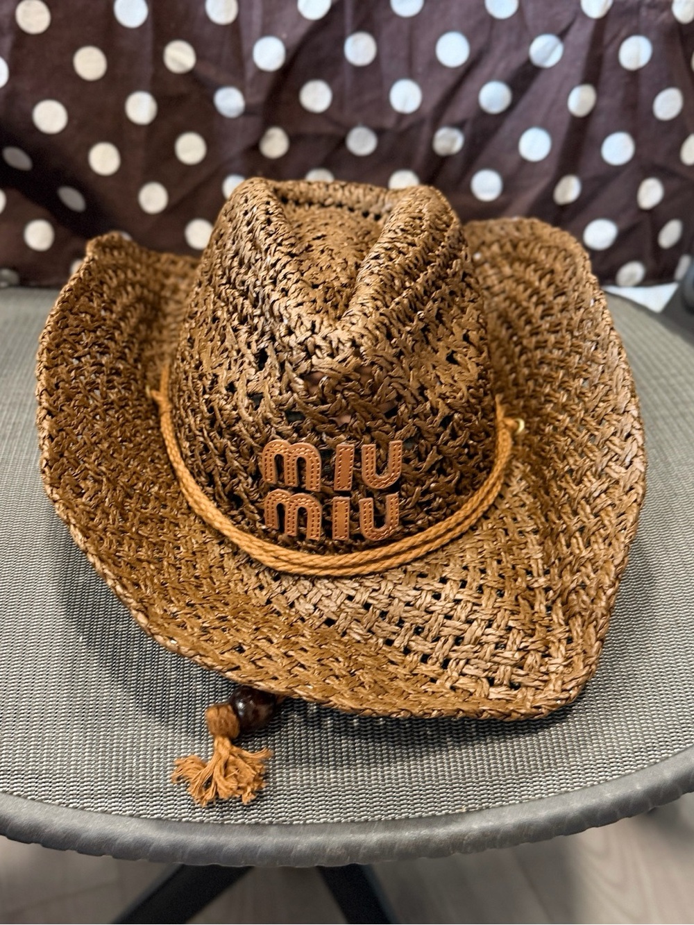 Miu Miu Brown Woven Straw Cowboy Hat with Logo Rope Trim